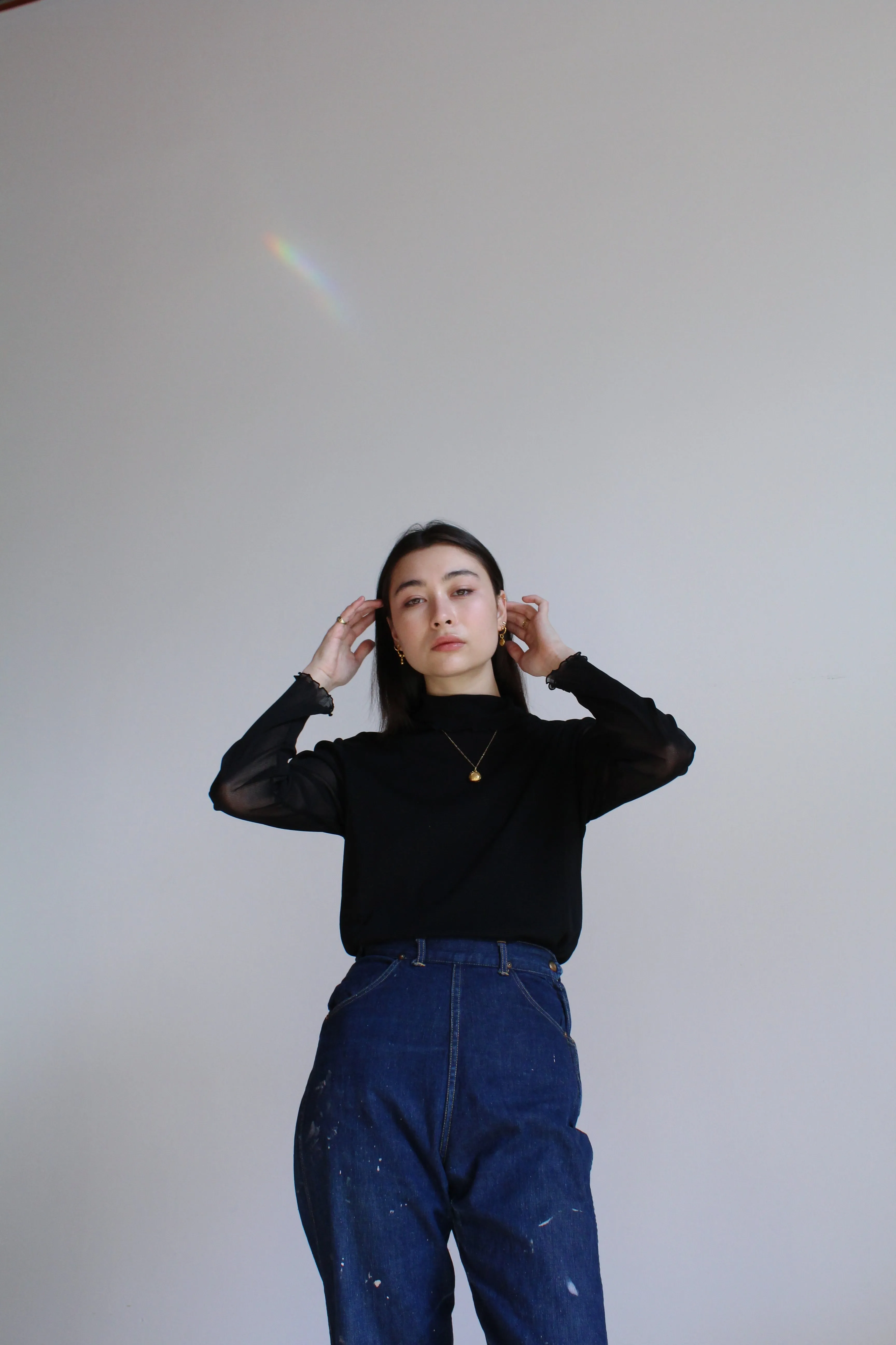 1990s Black Mesh Long Sleeve Ruffle Turtleneck Blouse