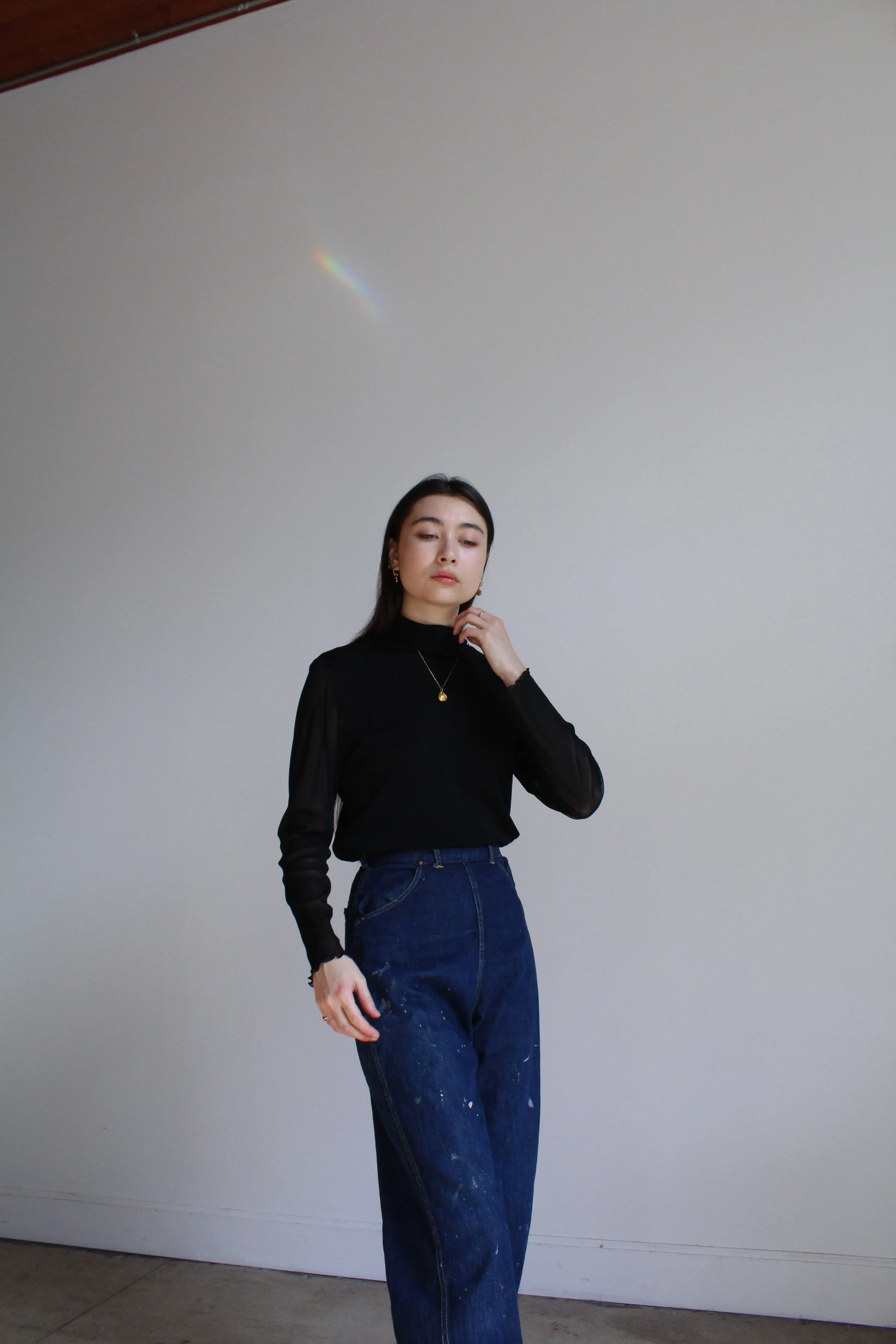 1990s Black Mesh Long Sleeve Ruffle Turtleneck Blouse