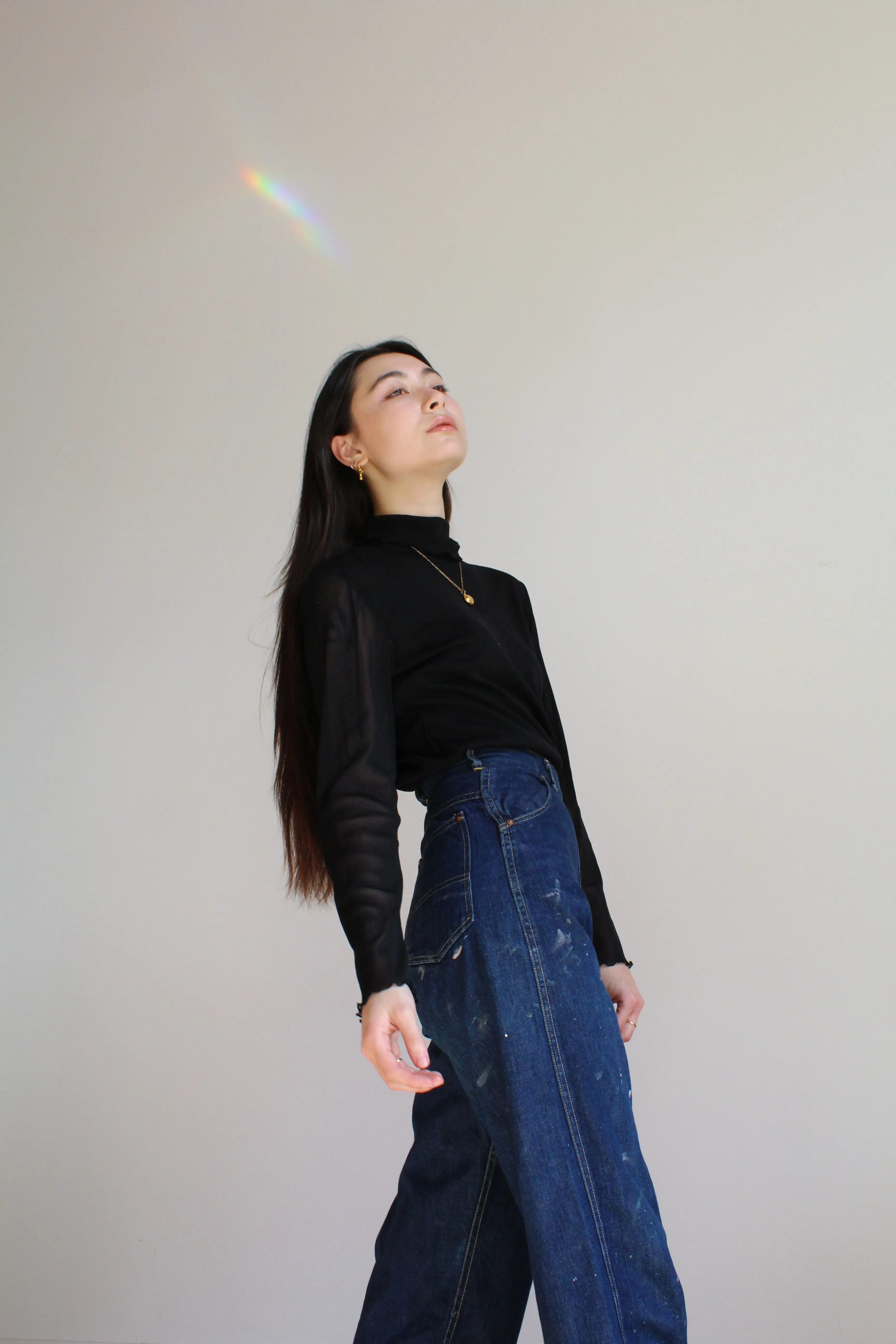 1990s Black Mesh Long Sleeve Ruffle Turtleneck Blouse