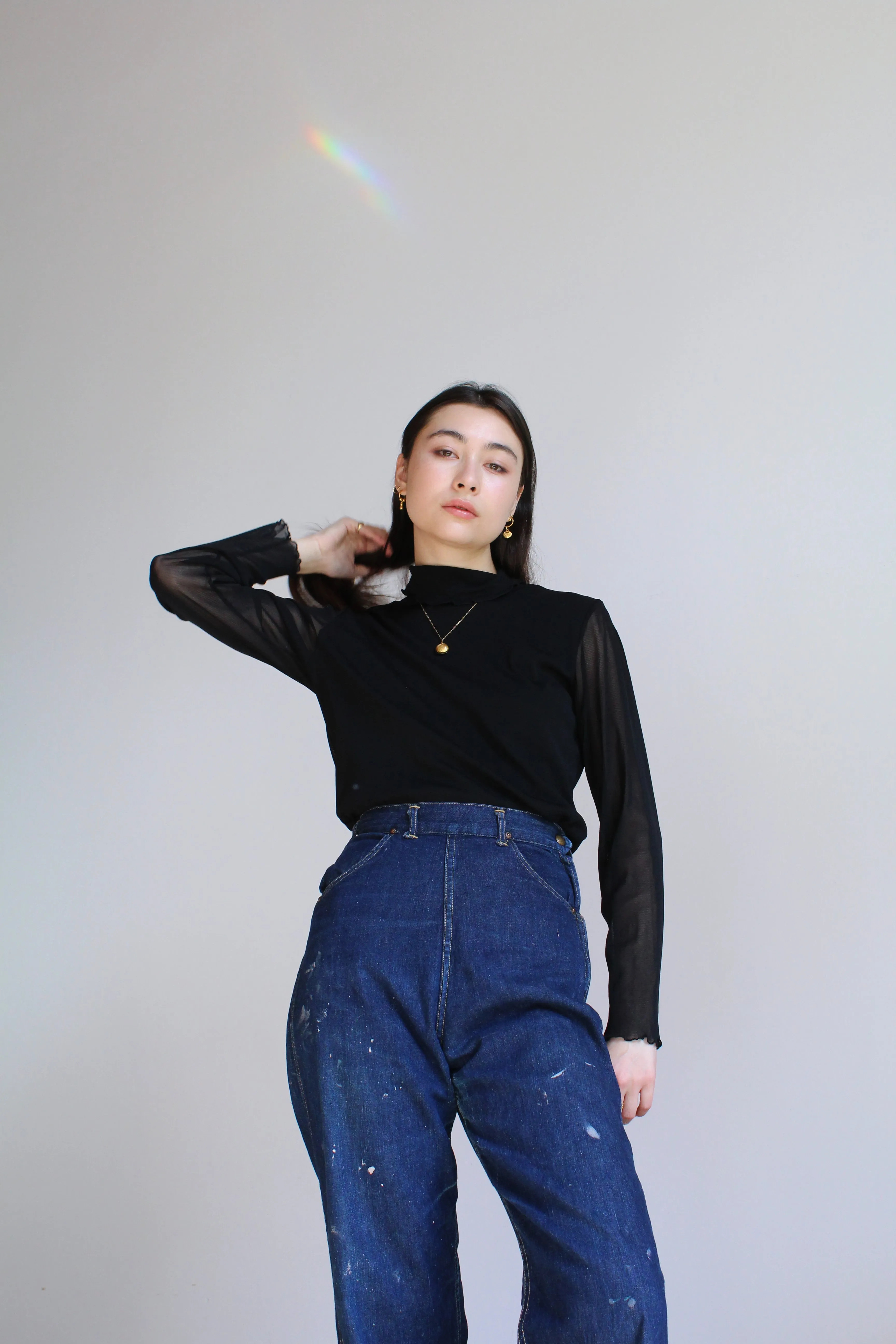 1990s Black Mesh Long Sleeve Ruffle Turtleneck Blouse