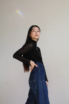 1990s Black Mesh Long Sleeve Ruffle Turtleneck Blouse