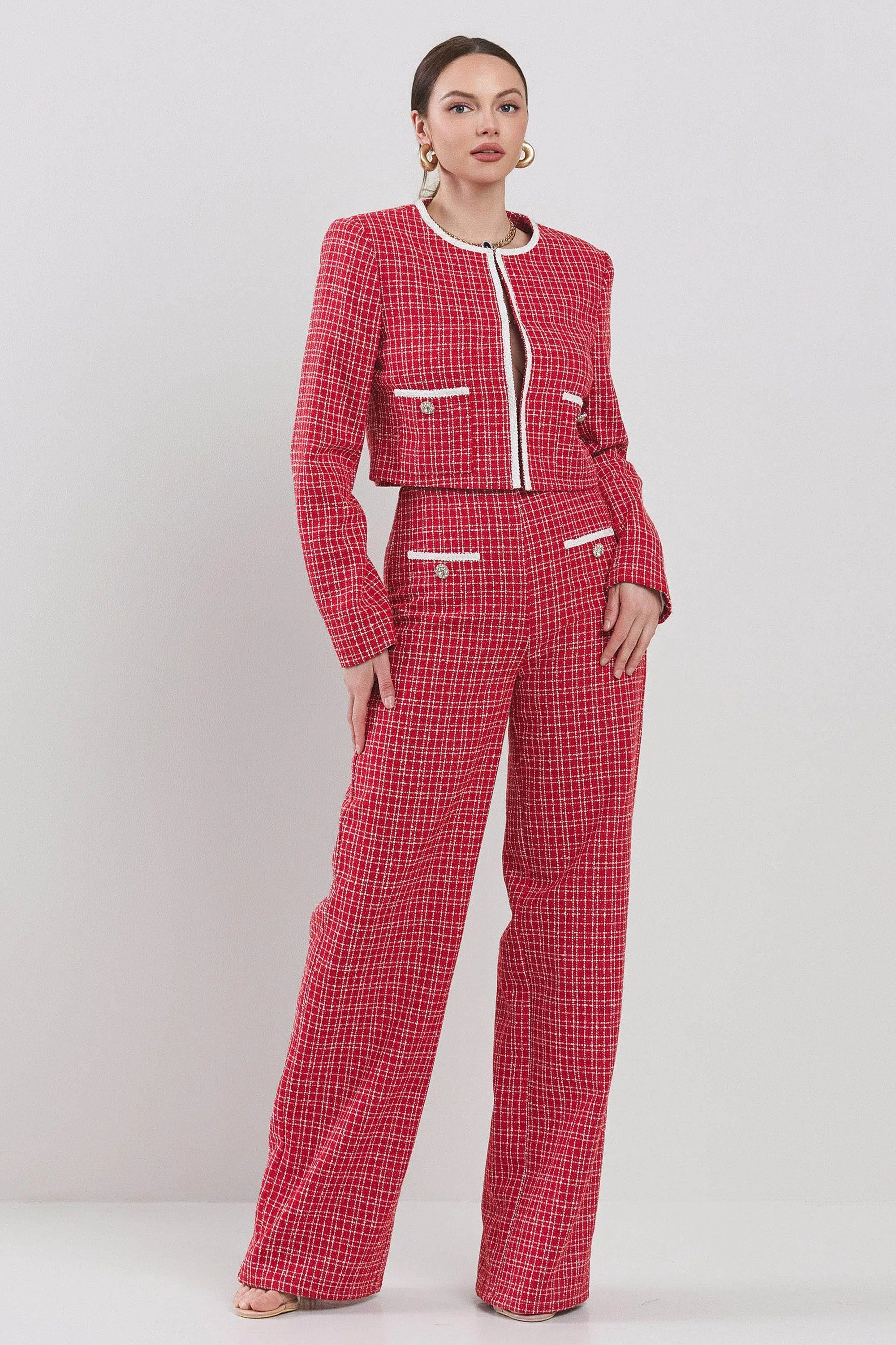 2pc set- tweed crop jacket & high waist pants