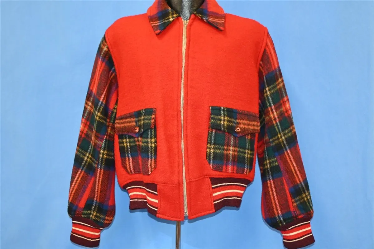 40s Red Plaid Tartan Metal Zipper Wool Jacket Large