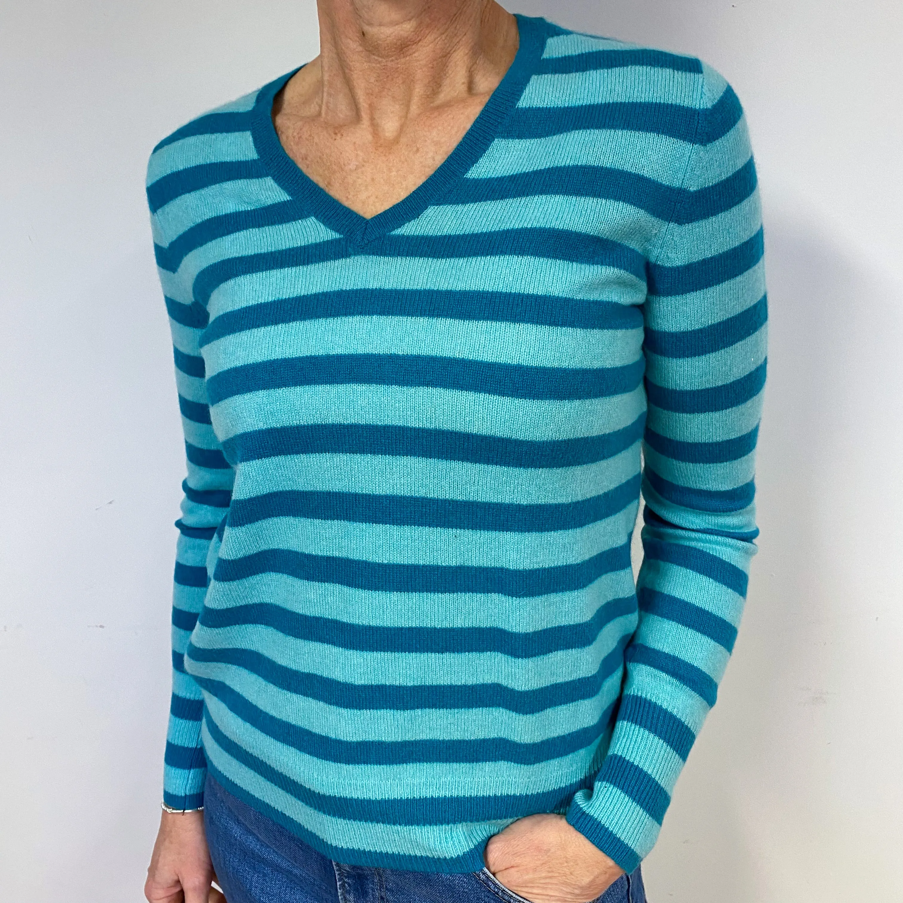 Aqua and Teal Stripe Cashmere V-Neck Jumper Medium