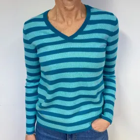 Aqua and Teal Stripe Cashmere V-Neck Jumper Medium