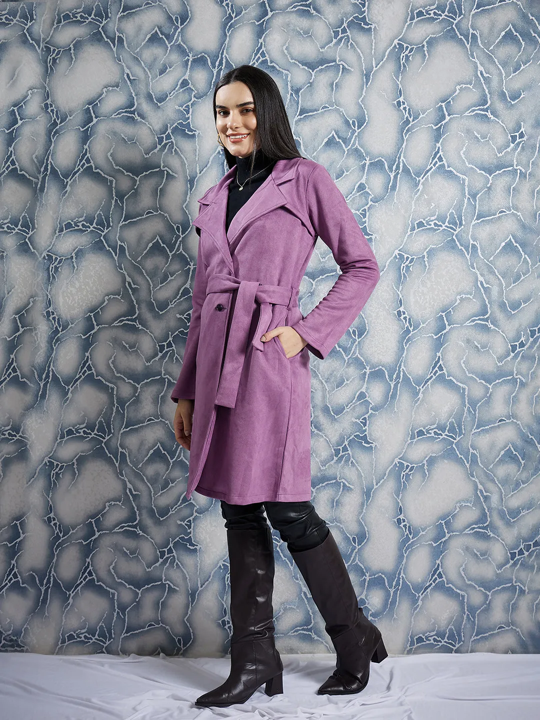 Athena Notched Lapel Collar Single Breasted Suede Overcoat With Belt