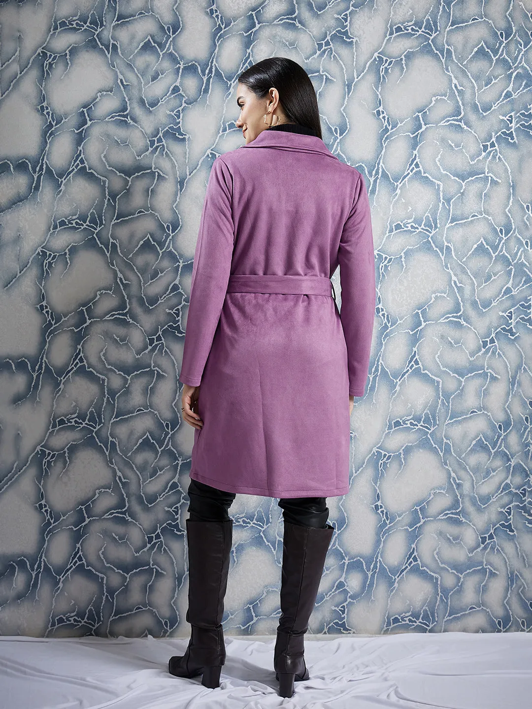 Athena Notched Lapel Collar Single Breasted Suede Overcoat With Belt
