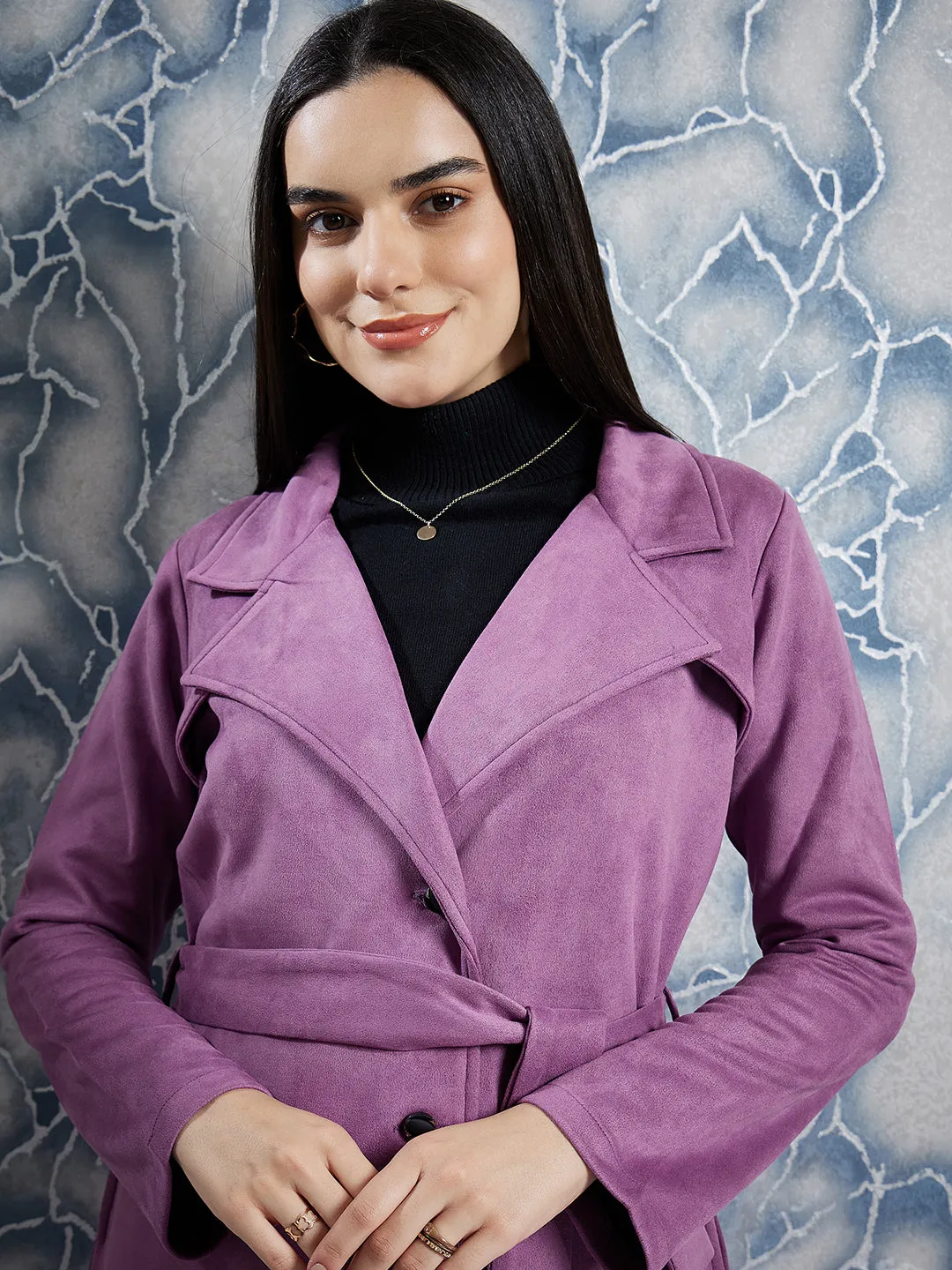 Athena Notched Lapel Collar Single Breasted Suede Overcoat With Belt