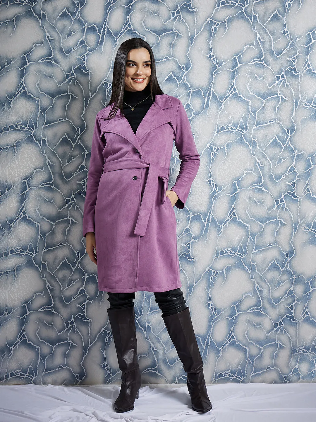 Athena Notched Lapel Collar Single Breasted Suede Overcoat With Belt