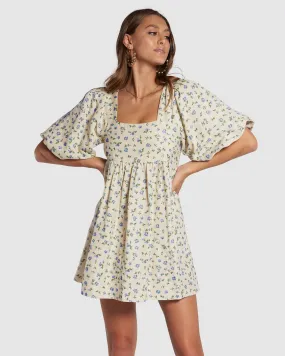 Ava Balloon Sleeve Babydoll Dress - Cream/Blue Floral