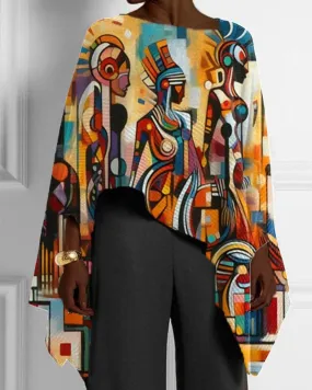 Black Ethnic Style Color Patchwork Print Irregular Hem Women's Top