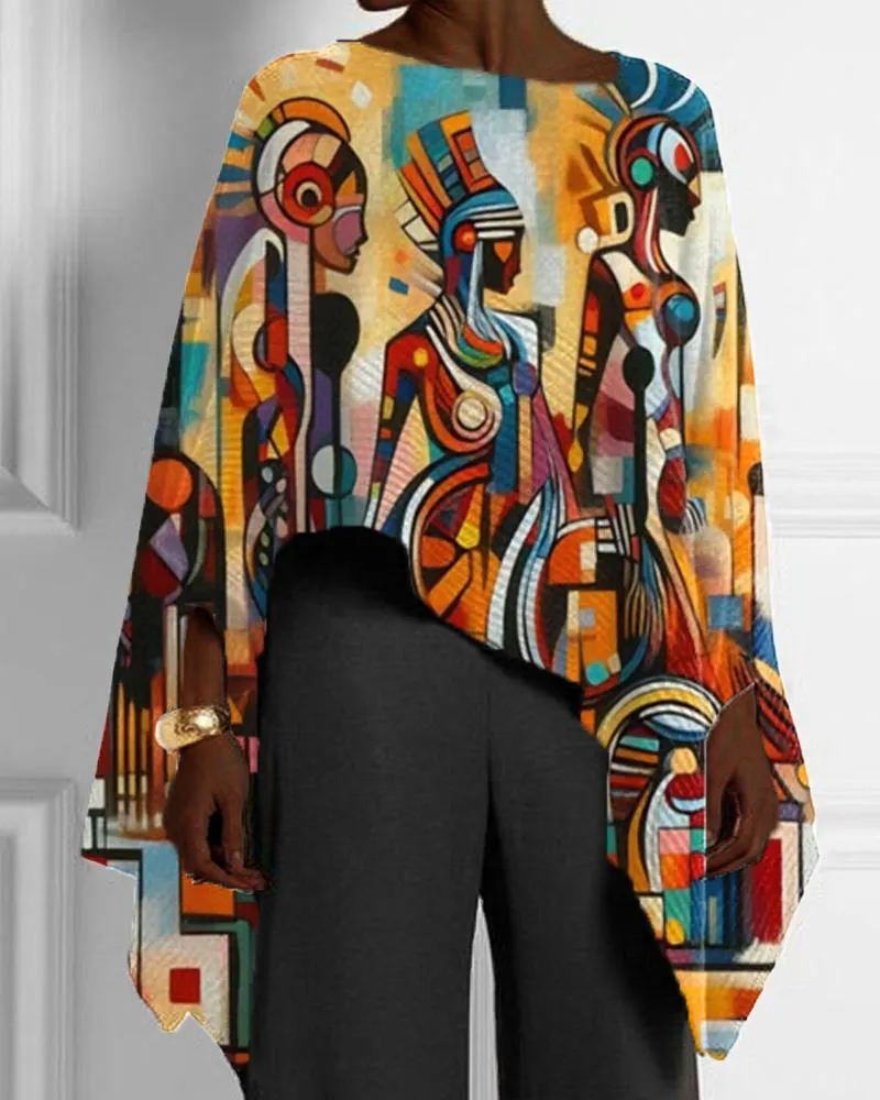 Black Ethnic Style Color Patchwork Print Irregular Hem Women's Top