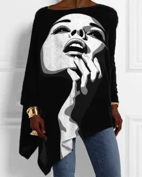Black Girl Face Color Matching Print Irregular Ladies Blouse