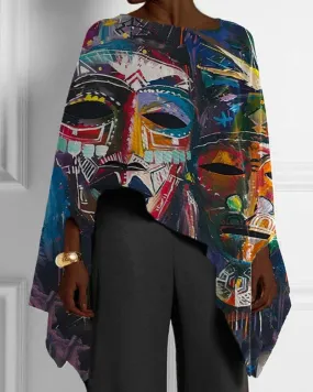 Black Graffiti Ethnic Style Casual Print Irregular Hem Women's Top