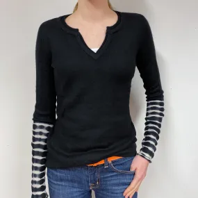 Black Striped Sleeve Cashmere V-Neck Jumper Extra Small
