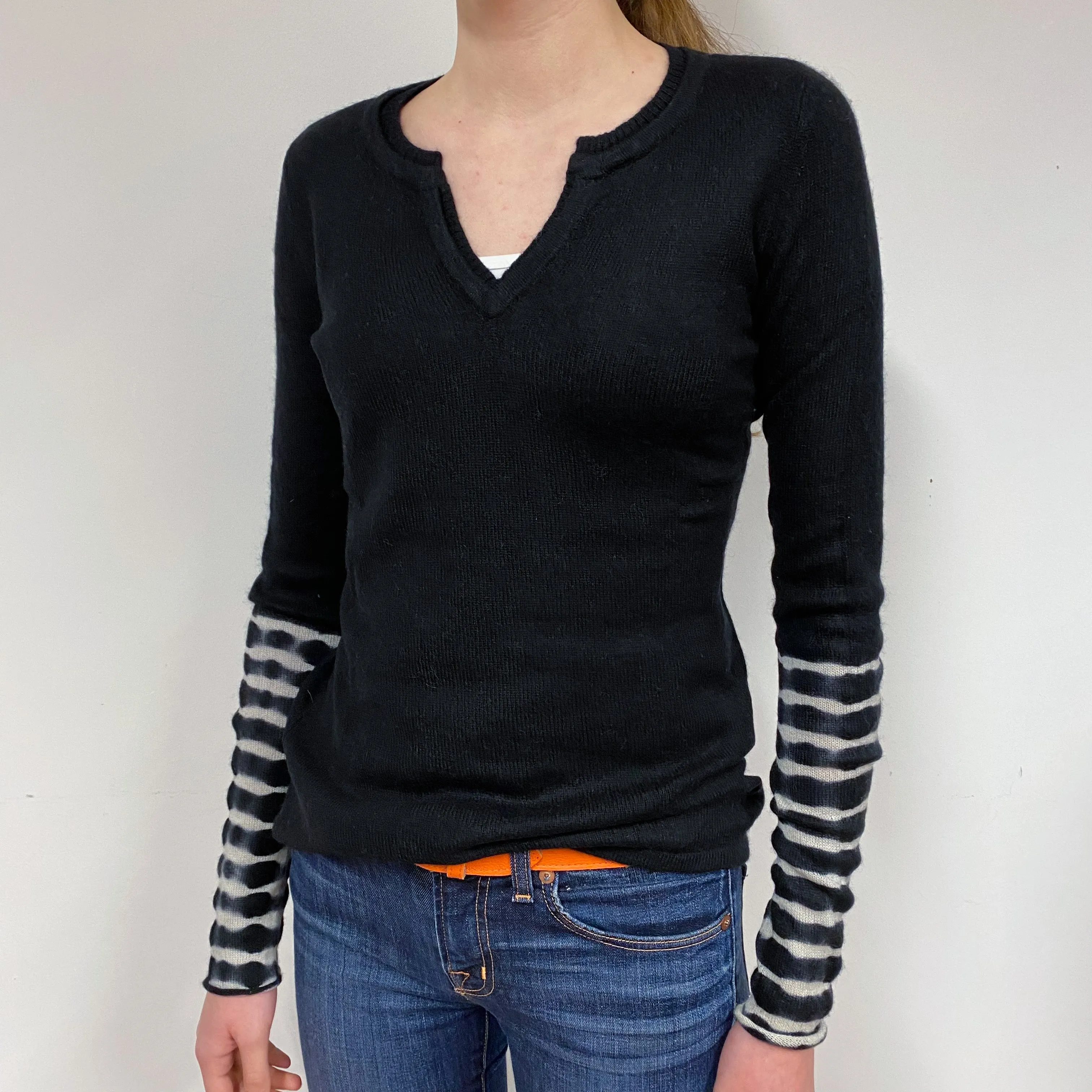 Black Striped Sleeve Cashmere V-Neck Jumper Extra Small