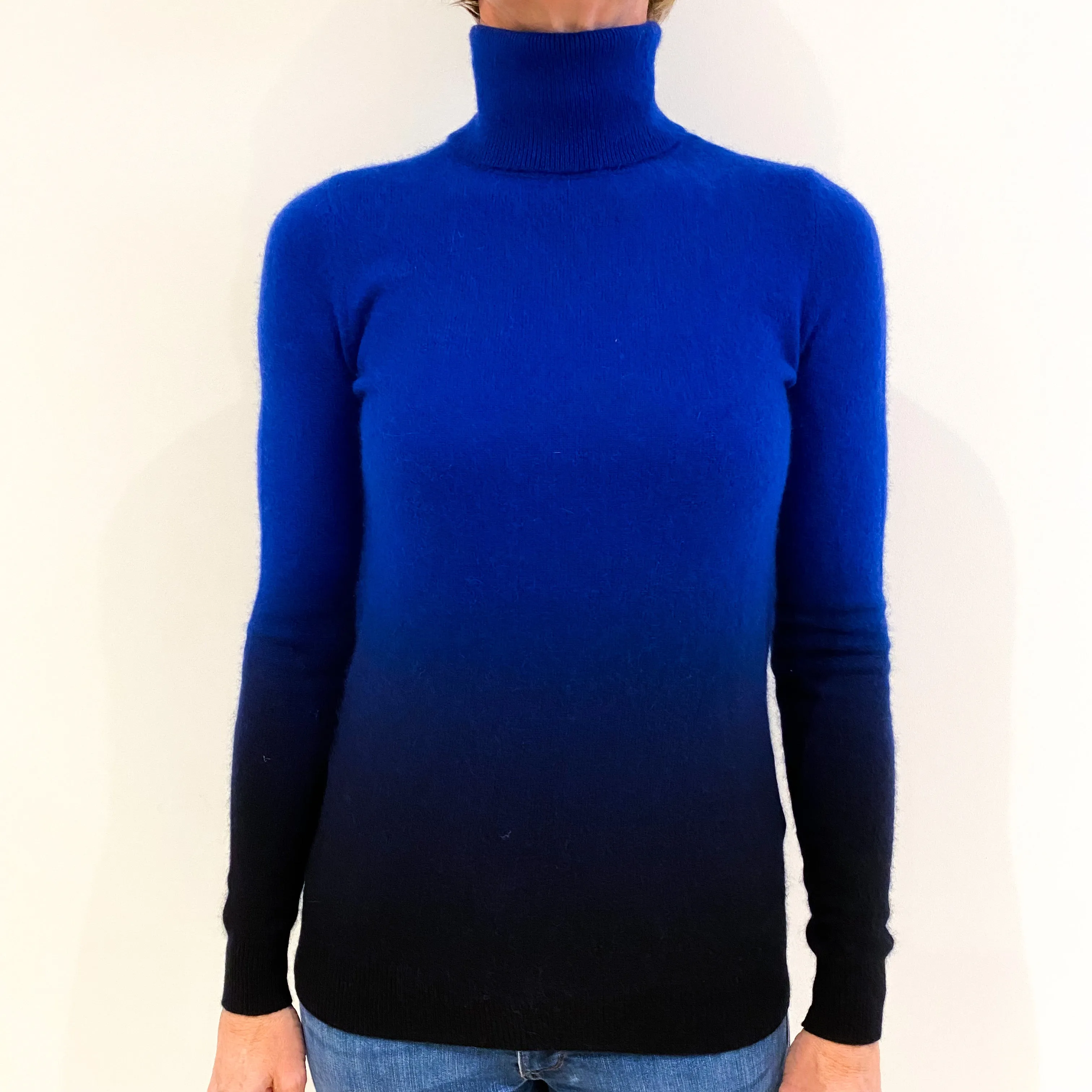 Blue Black Ombré Style Cashmere Polo Neck Jumper Small