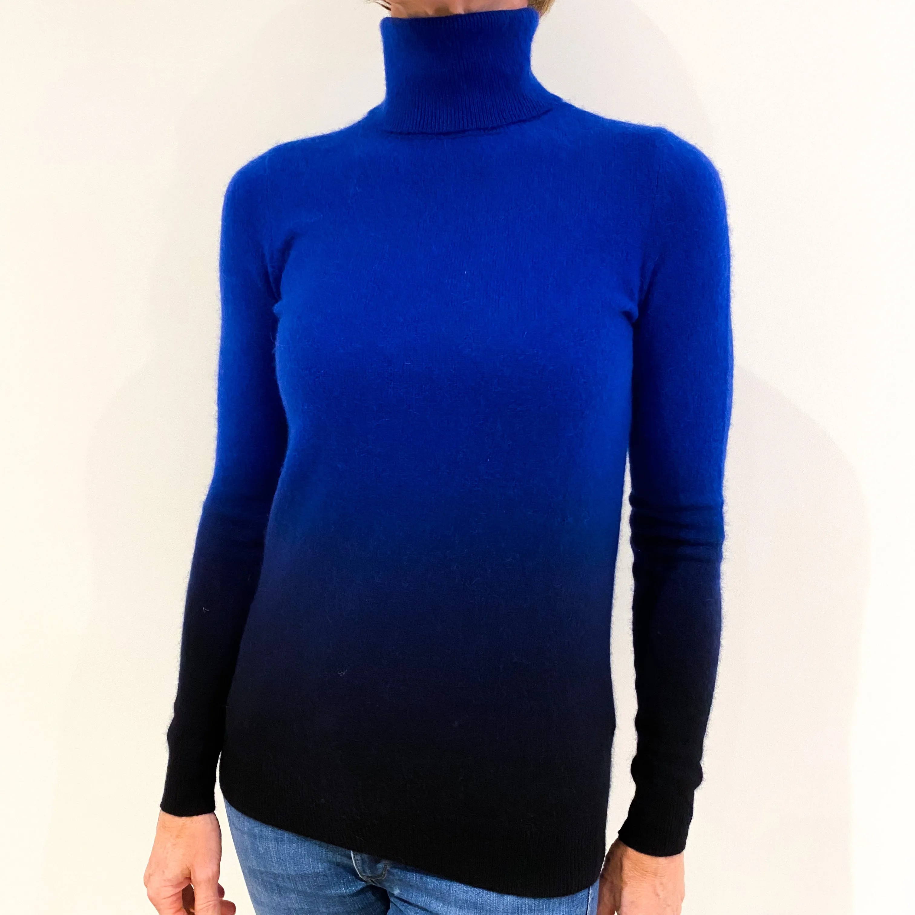 Blue Black Ombré Style Cashmere Polo Neck Jumper Small