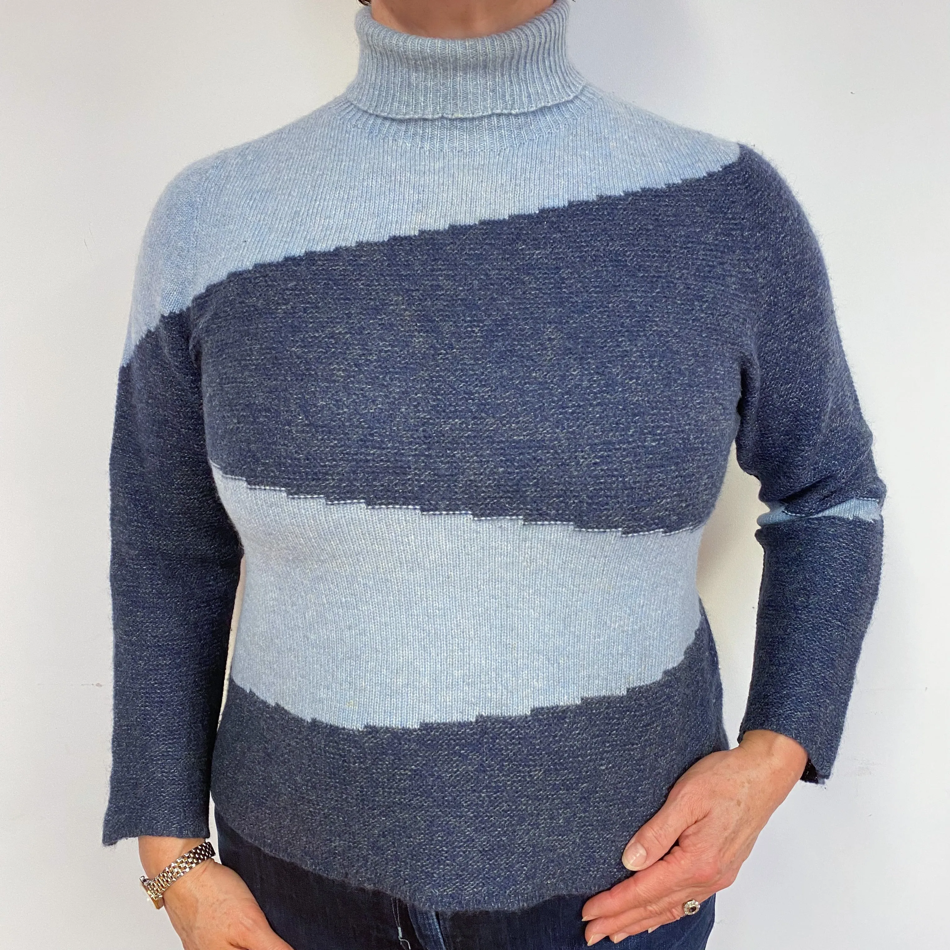 Blue Colour Block Cashmere Polo Neck Jumper Large