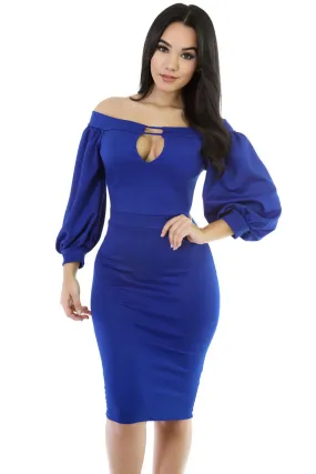 Blue Puffs Peep Hole Off Shoulder Midi Bodycon Dress