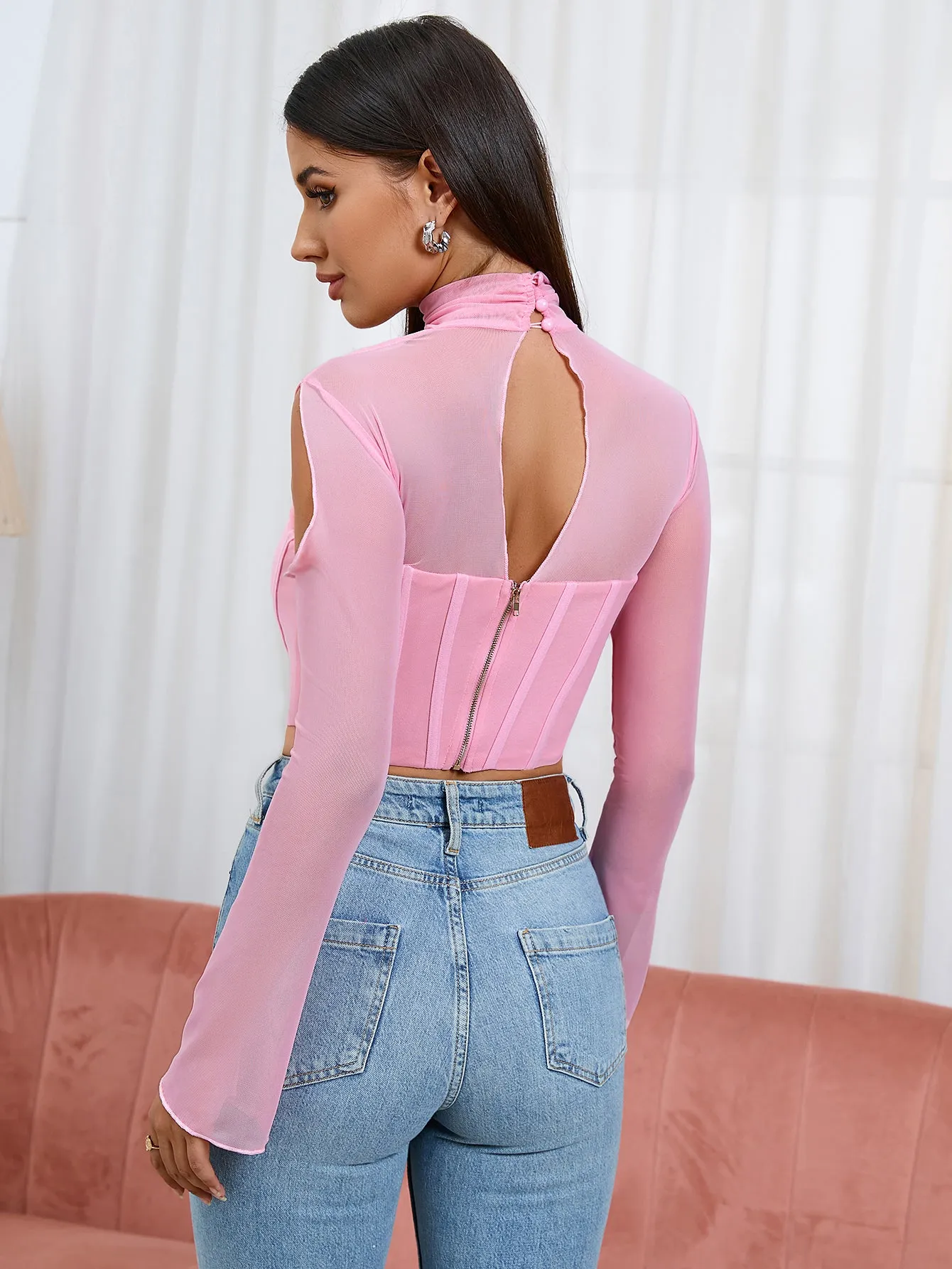 Boning Bell Sleeve Cut Out Mesh Corset Top