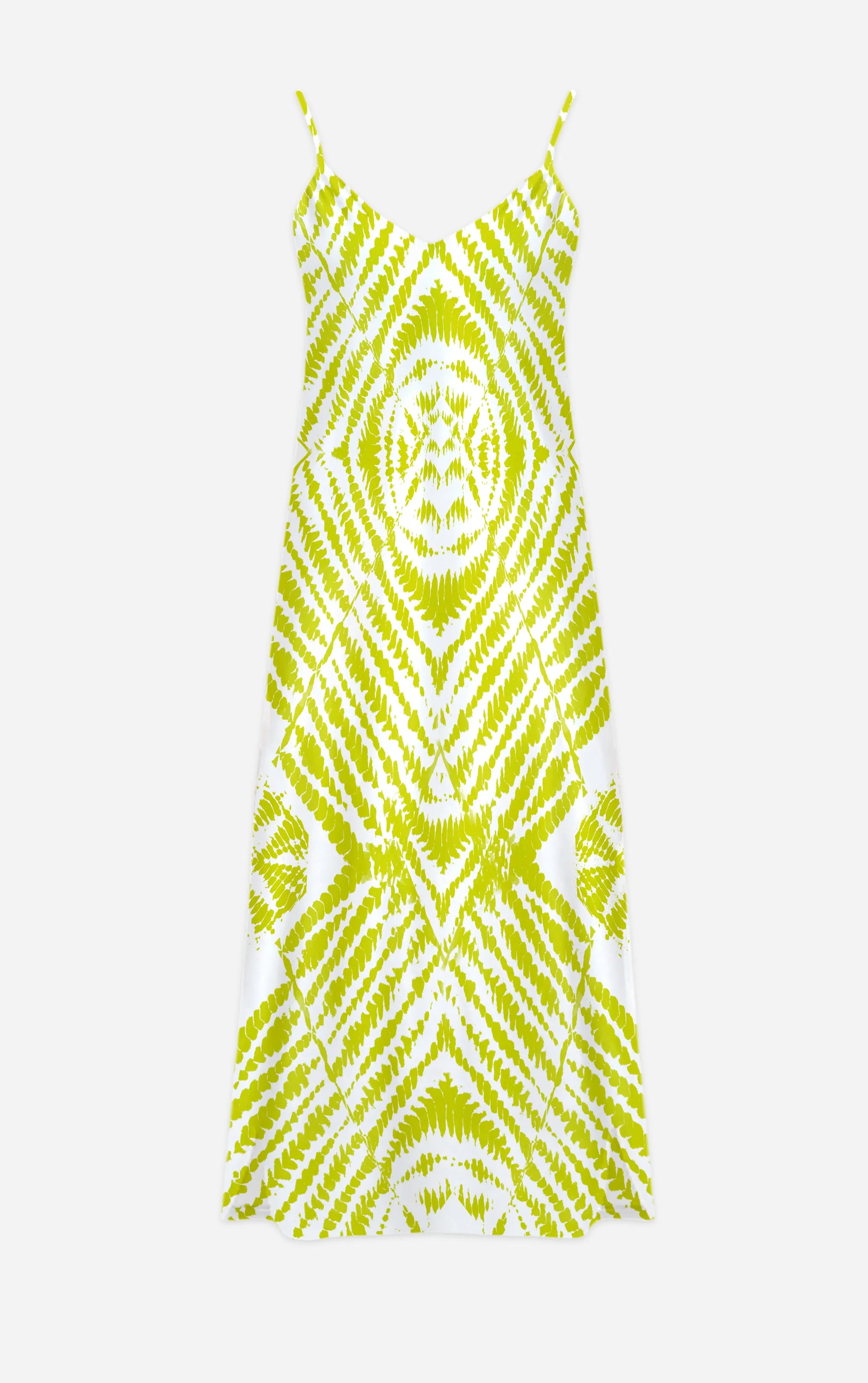 Byzantine Tie Dye- 100% Silk Satin French Gothic V Neck Slip Dress in White & Mustard | Le Leanian™
