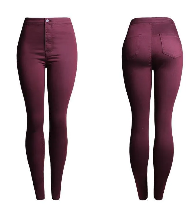 Candy Color High Waist Elastic Long Slim Pants
