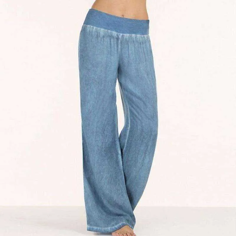 Casual Elastic High Waist Denim Wide Leg Pants
