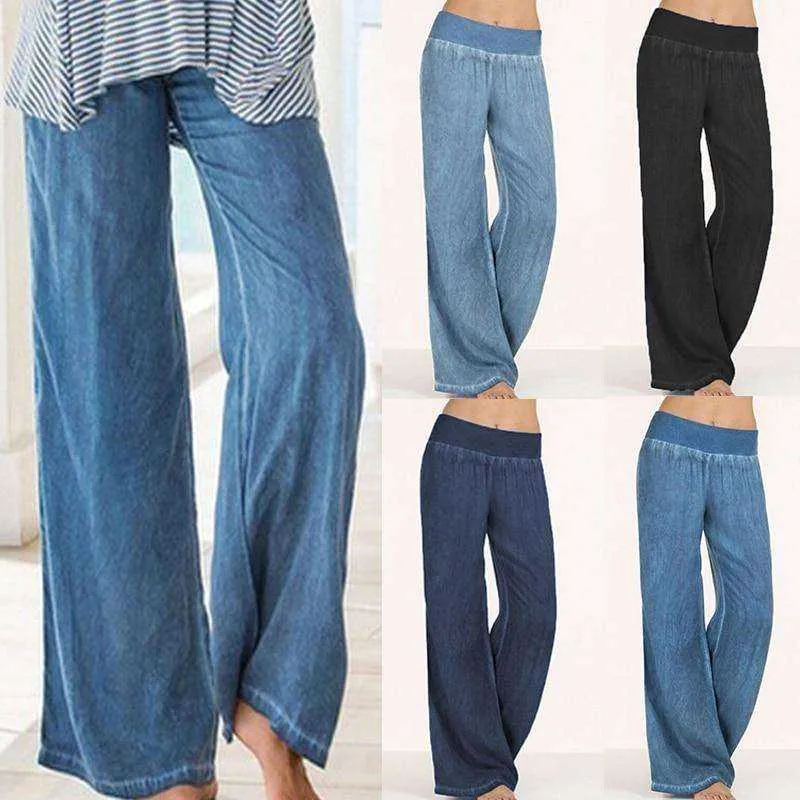 Casual Elastic High Waist Denim Wide Leg Pants