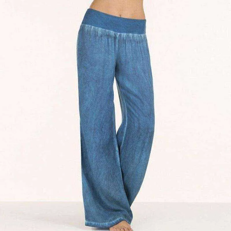 Casual Elastic High Waist Denim Wide Leg Pants