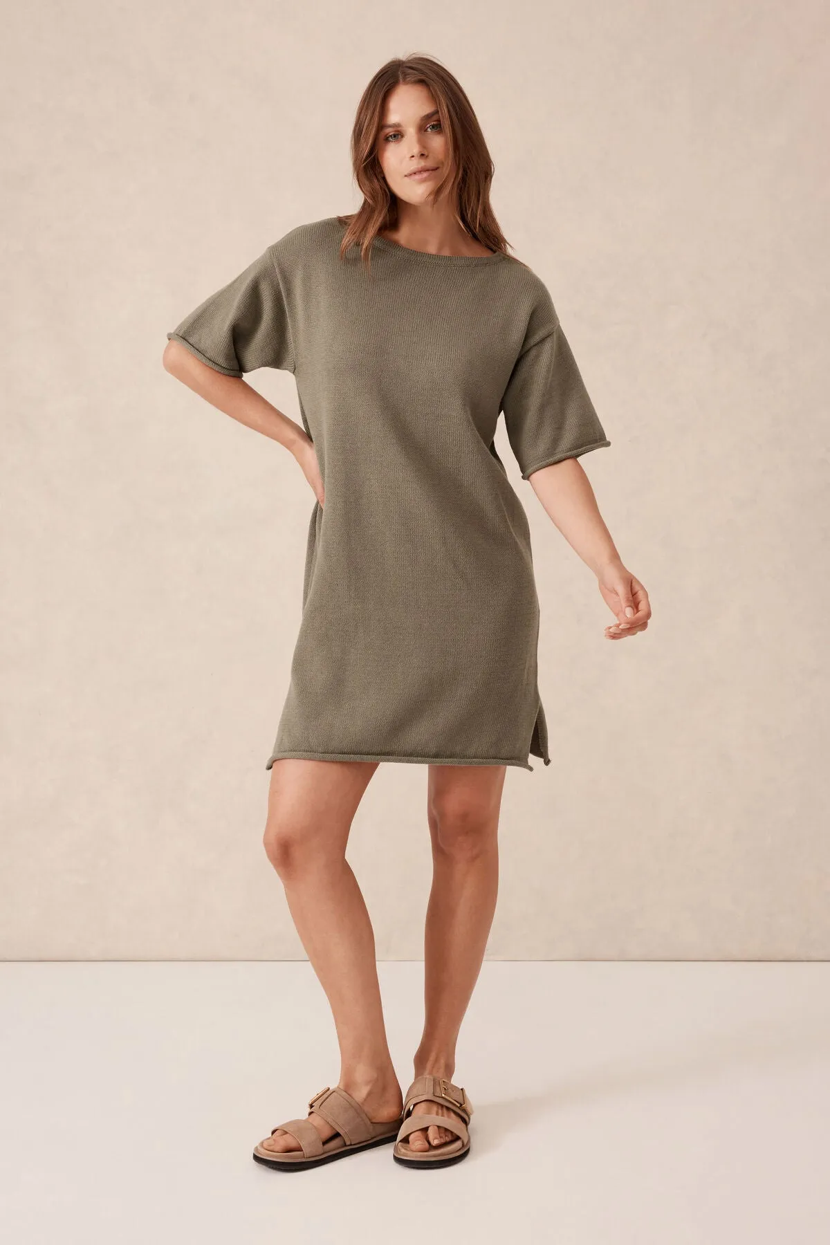 Ceres Life Short Sleeve Boxy Knit Dress - moss green