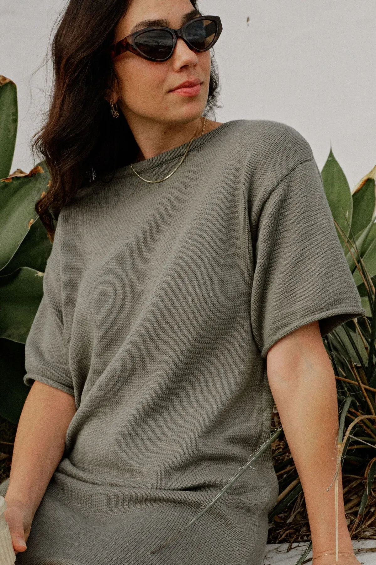 Ceres Life Short Sleeve Boxy Knit Dress - moss green