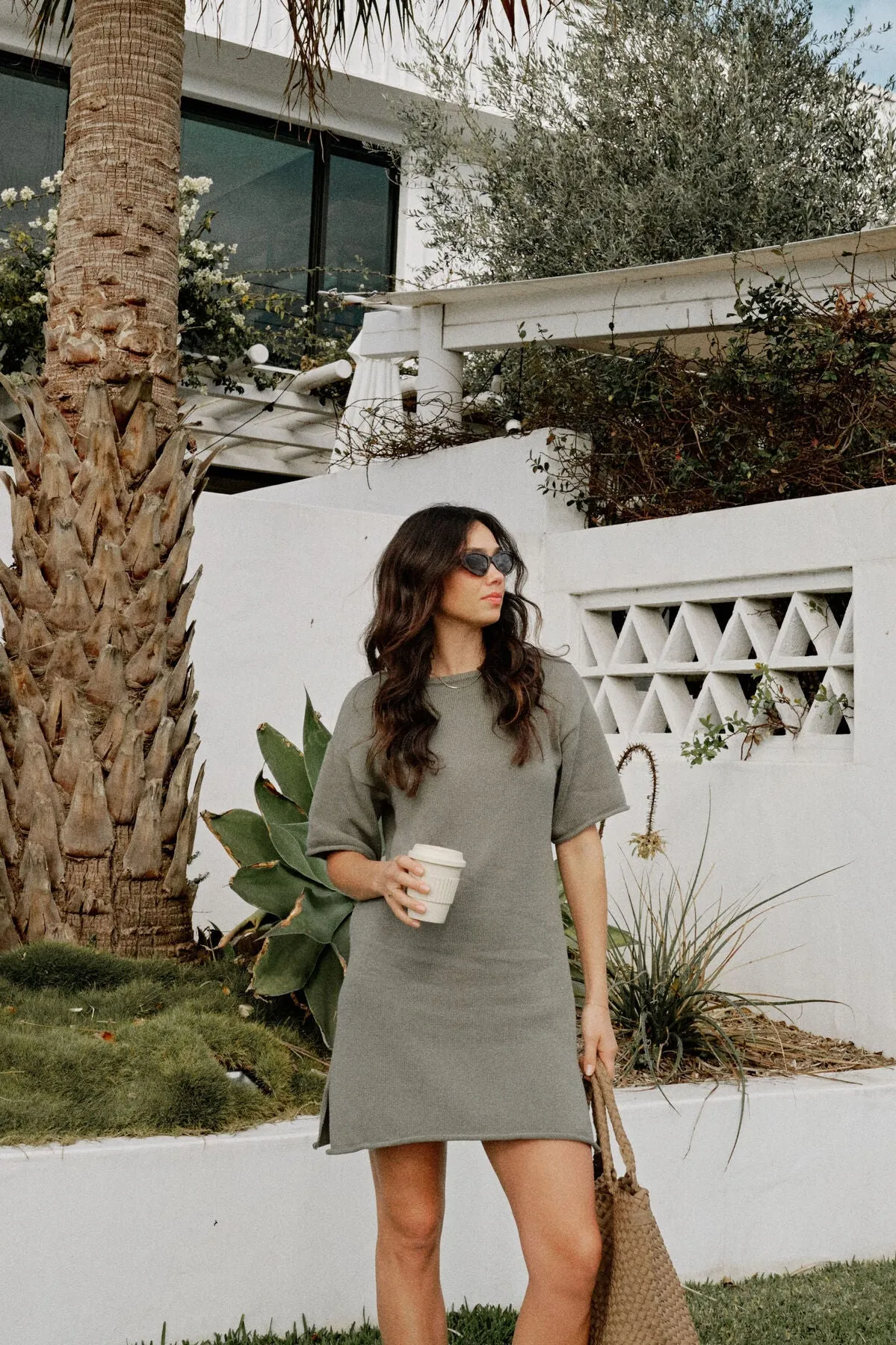 Ceres Life Short Sleeve Boxy Knit Dress - moss green