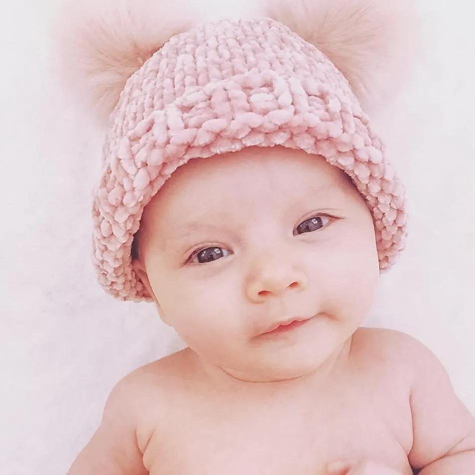 Chenille Double Pom Beanie Hat - Rosy by Huggalugs