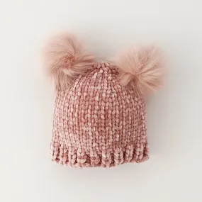 Chenille Double Pom Beanie Hat - Rosy by Huggalugs