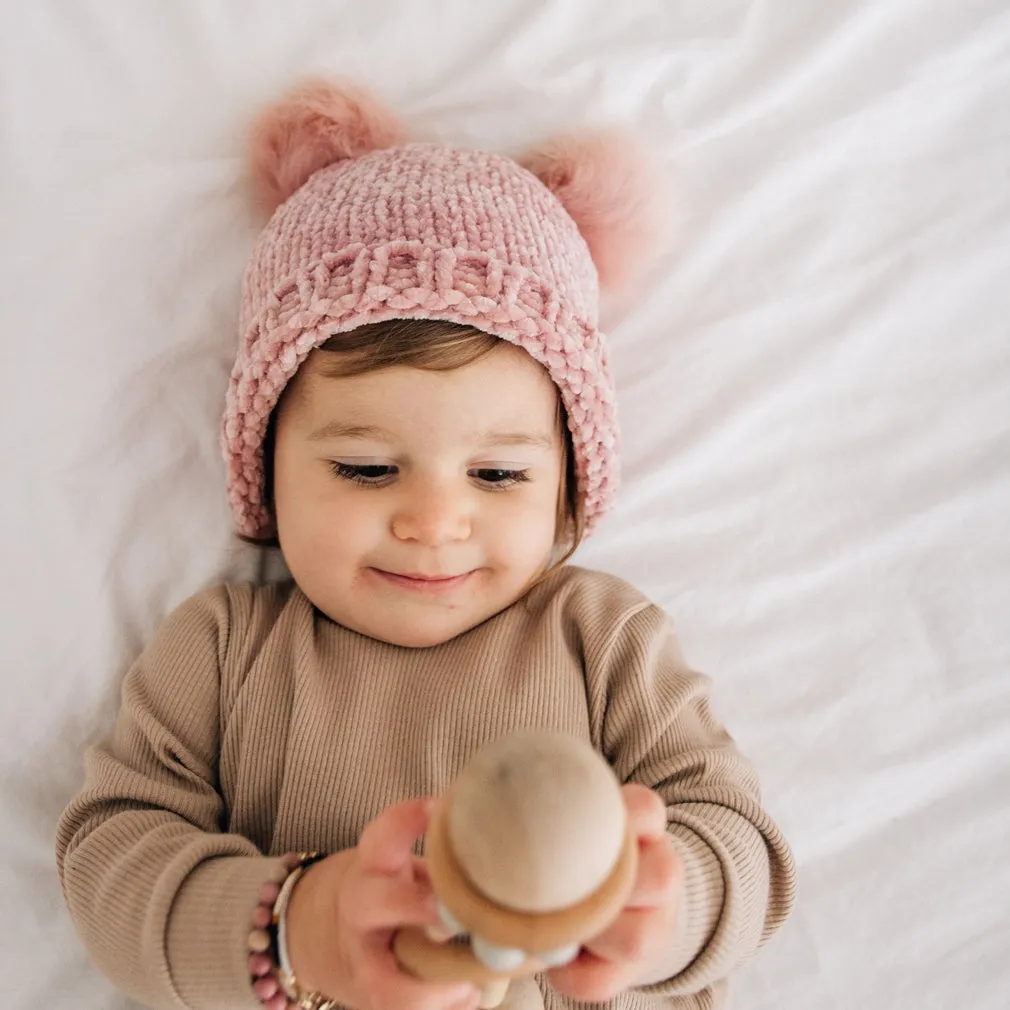 Chenille Double Pom Beanie Hat - Rosy by Huggalugs