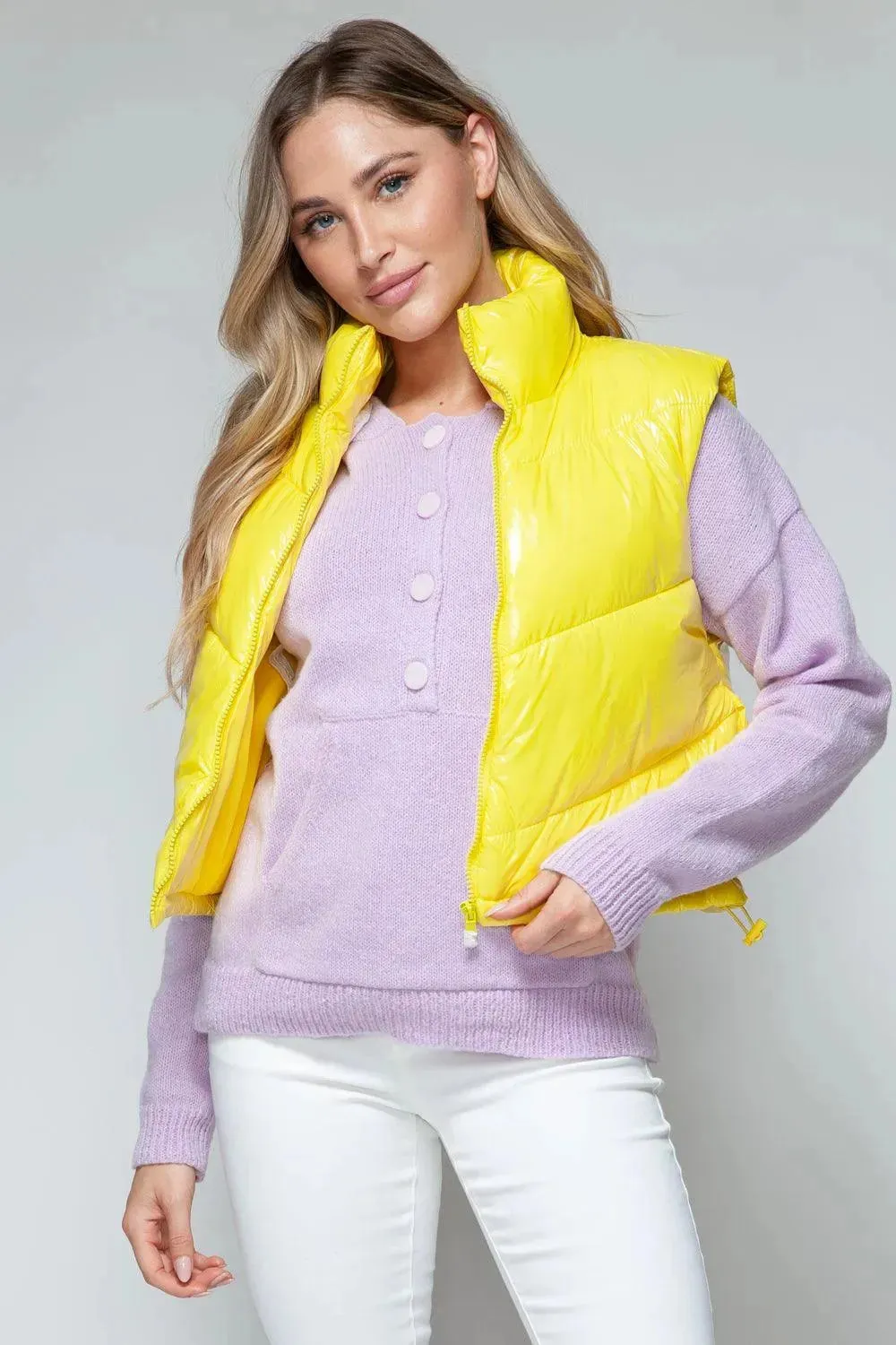 Chic Quilted Turtleneck Zip Vest with Shiny Finish