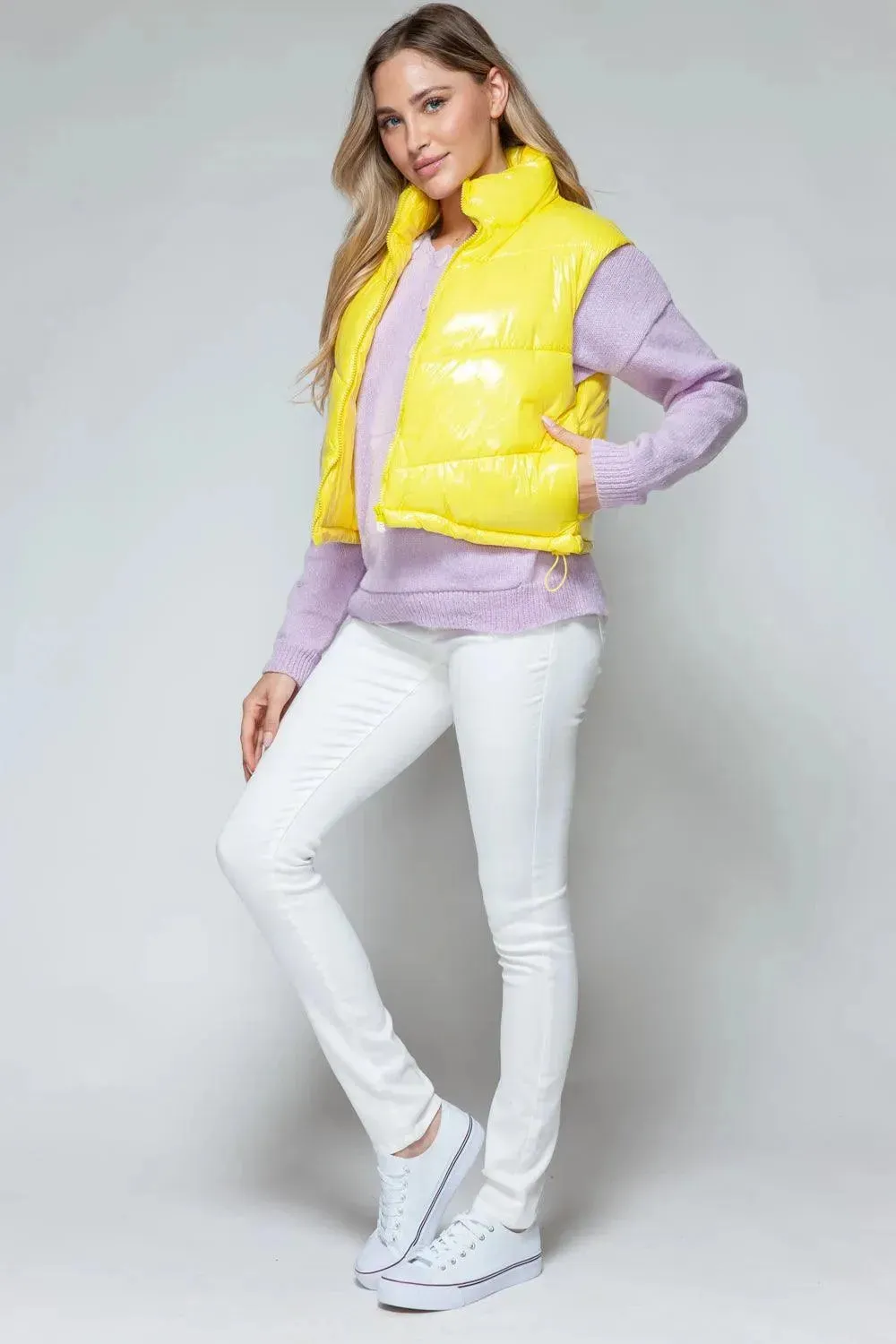 Chic Quilted Turtleneck Zip Vest with Shiny Finish