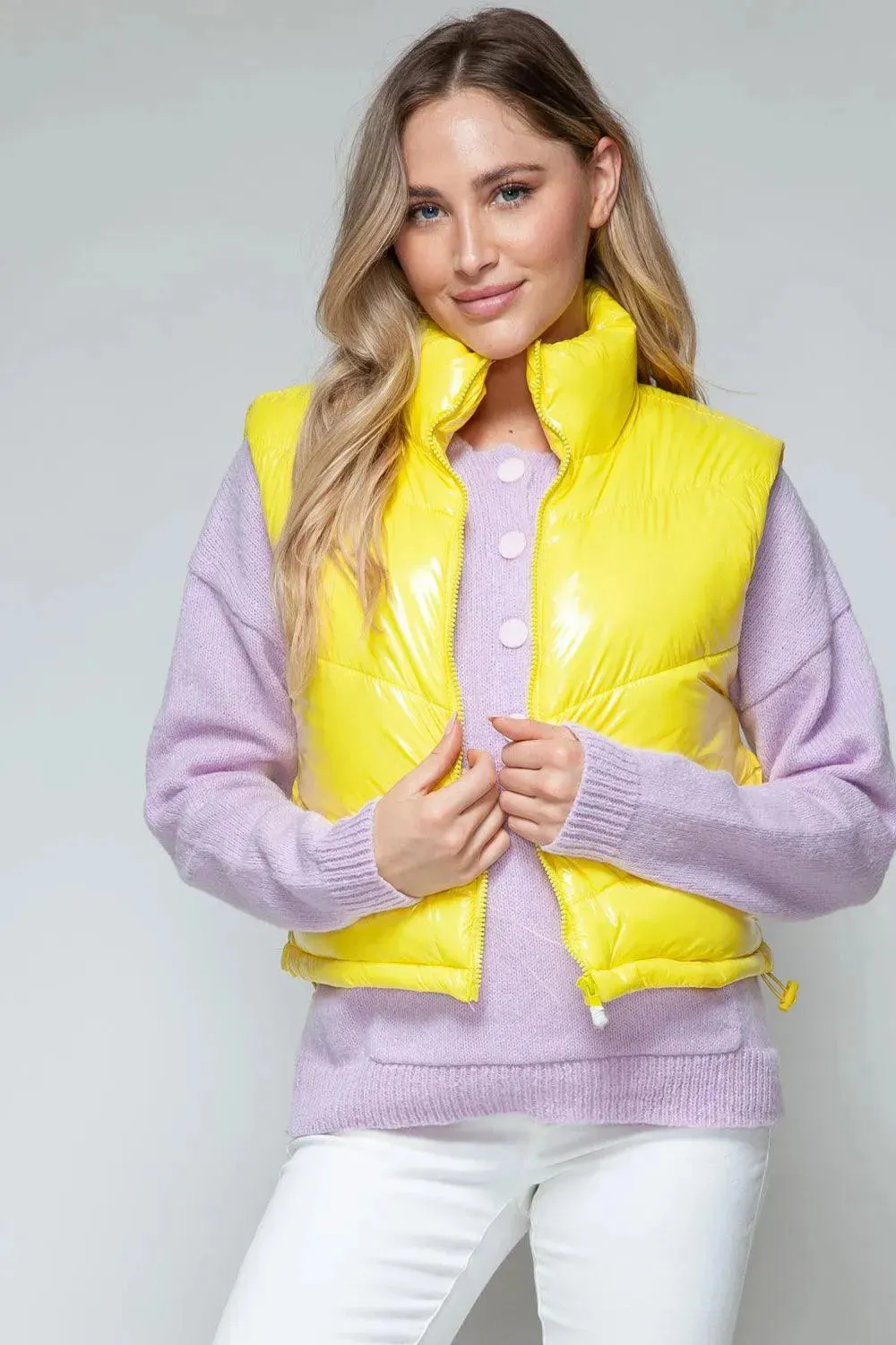 Chic Quilted Turtleneck Zip Vest with Shiny Finish