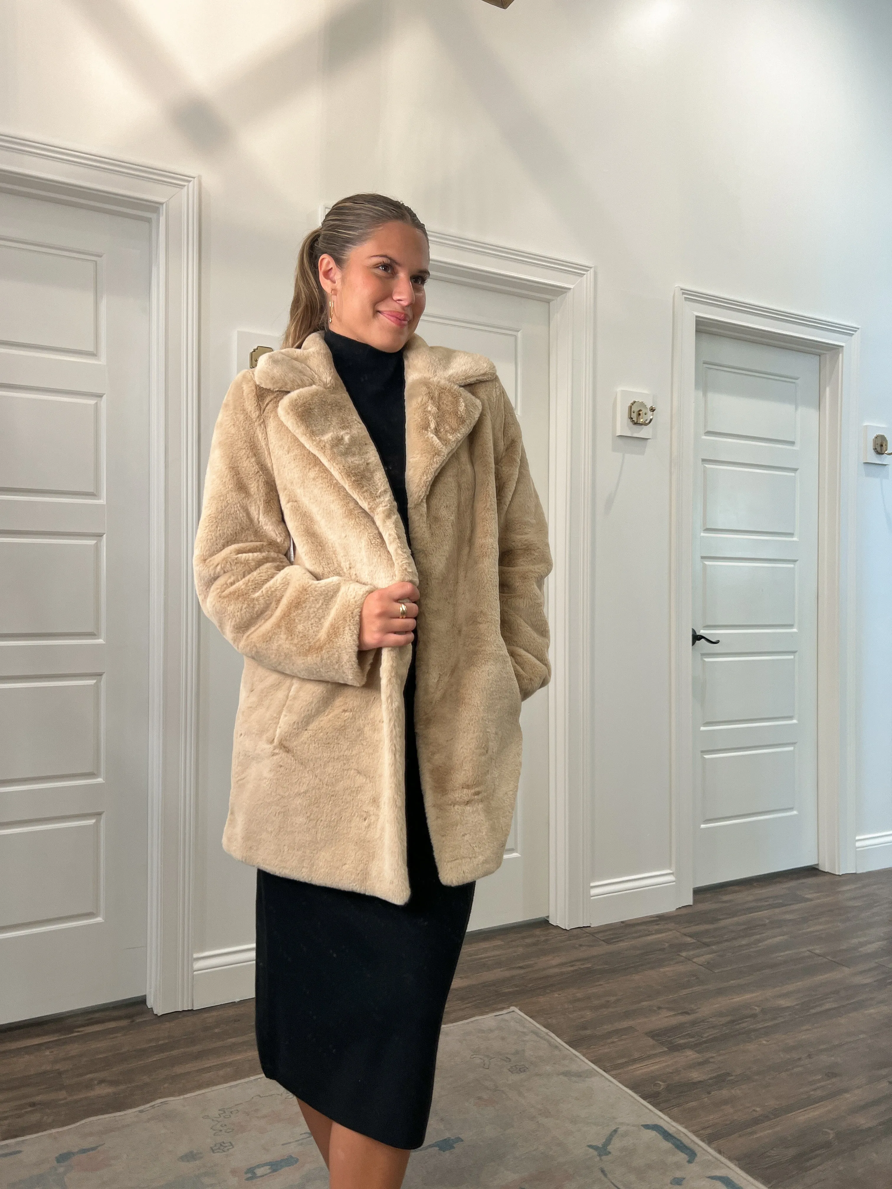 Classic Nude Faux Fur Long Coat