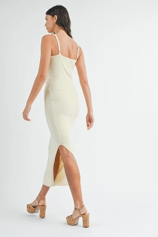 Cream Knit Bodycon Front Cutout Midi Dress