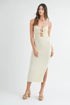 Cream Knit Bodycon Front Cutout Midi Dress
