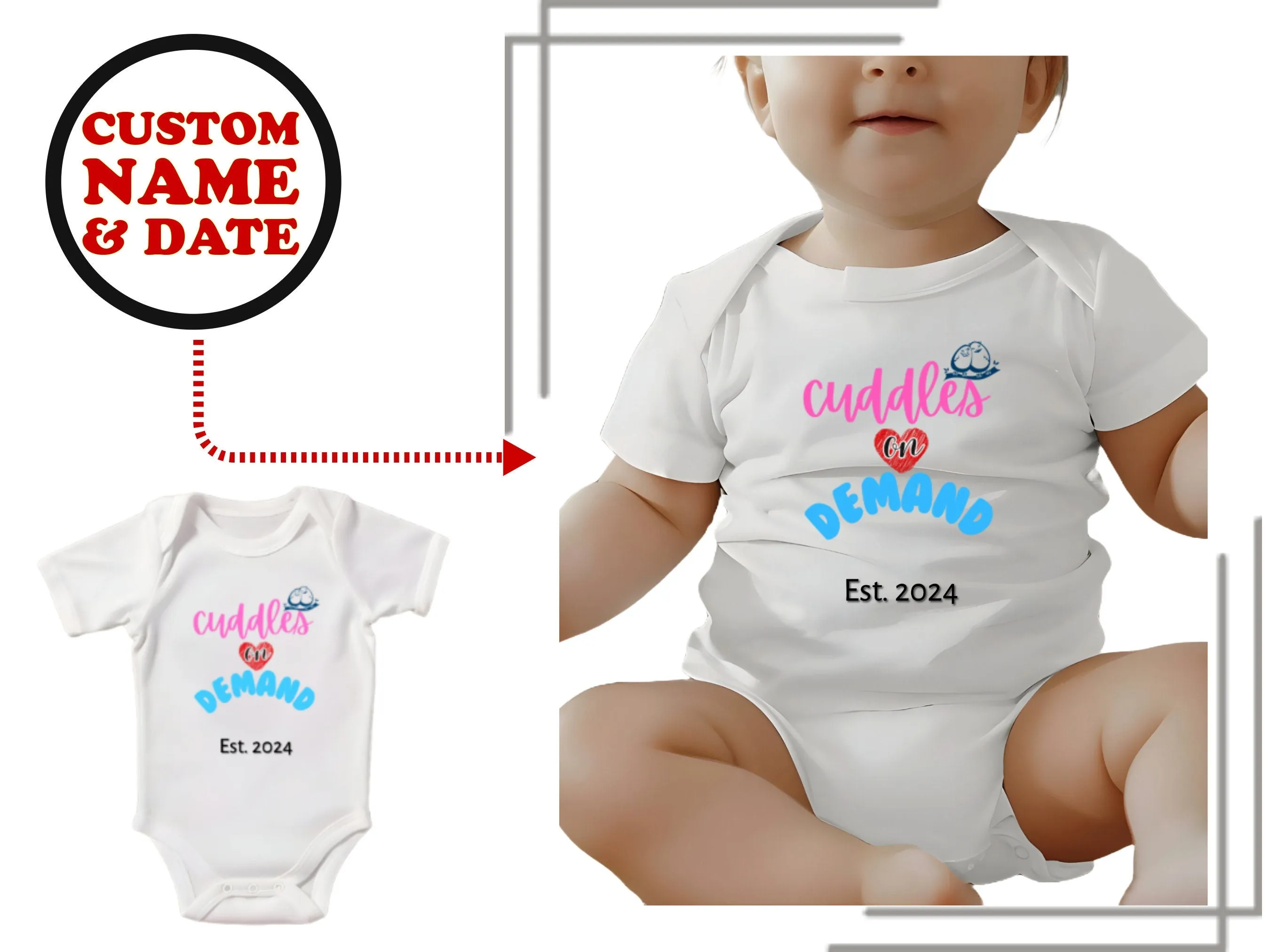 Custom Name with Cuddles on Demand Text Short Sleeve Baby Grow For Baby Girls
