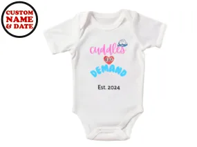Custom Name with Cuddles on Demand Text Short Sleeve Baby Grow For Baby Girls