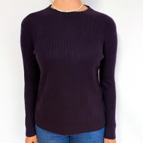 Dark Aubergine Purple Ribbed Cashmere Crew Neck Jumper Small