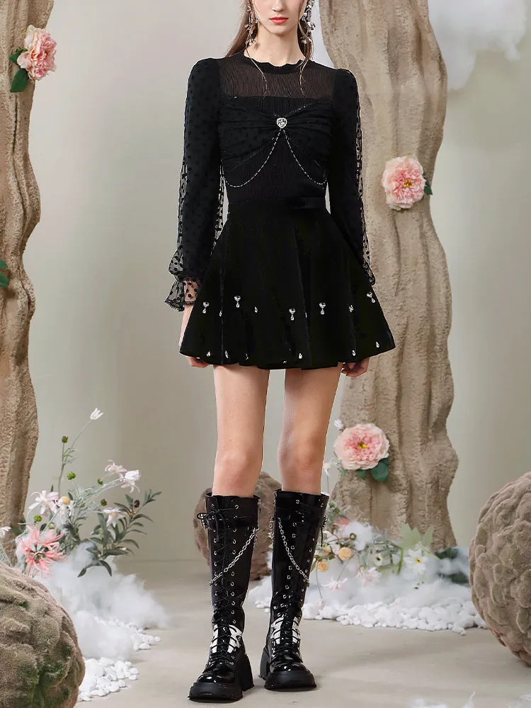 Drop Rhinestone Bijou Flare Feminine Mini-Skirt