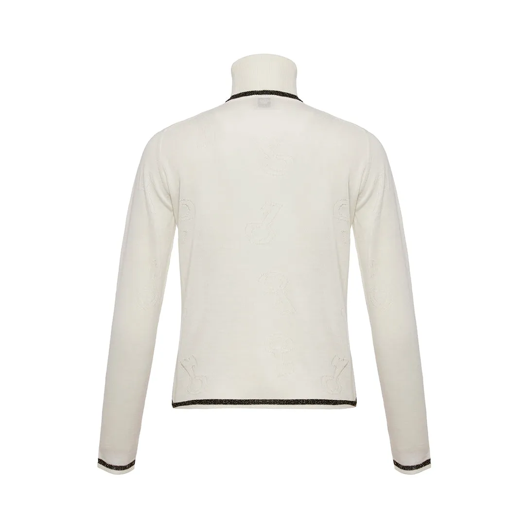 Ecru 100% Wool Key Openwork Patterned Turtleneck Sweater
