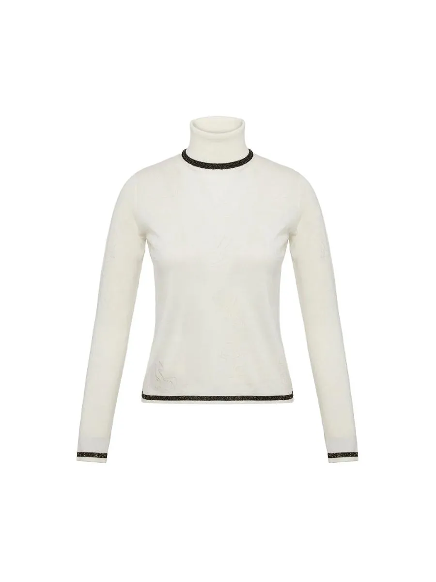 Ecru 100% Wool Key Openwork Patterned Turtleneck Sweater
