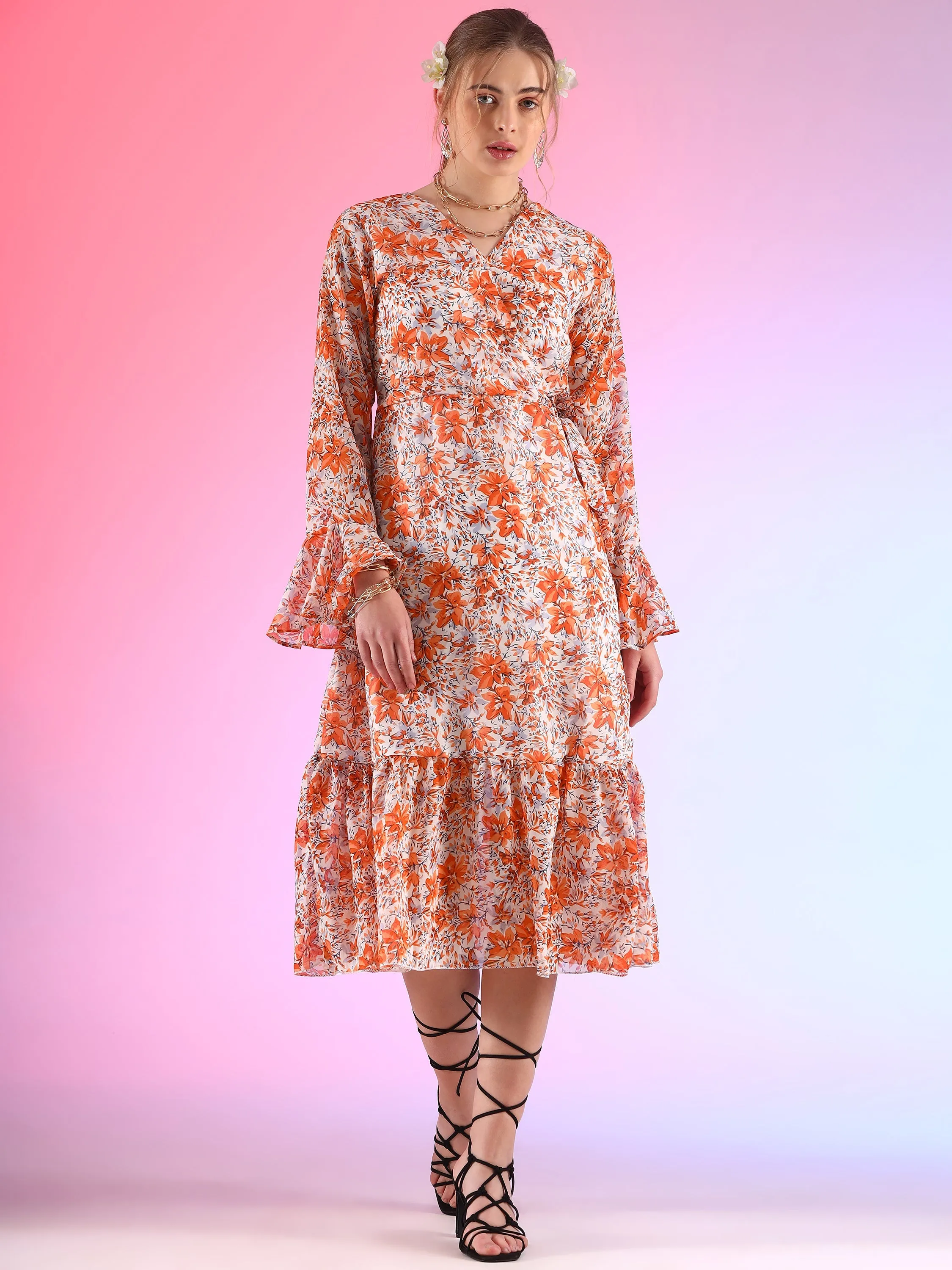 Elegant V-Neck Printed  A-line Midi Dress