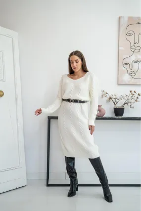 ELS Belted Knit Dress - White - Bebington